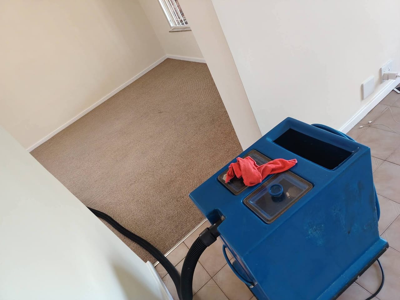 Clean carpeted room seen past the extraction machine