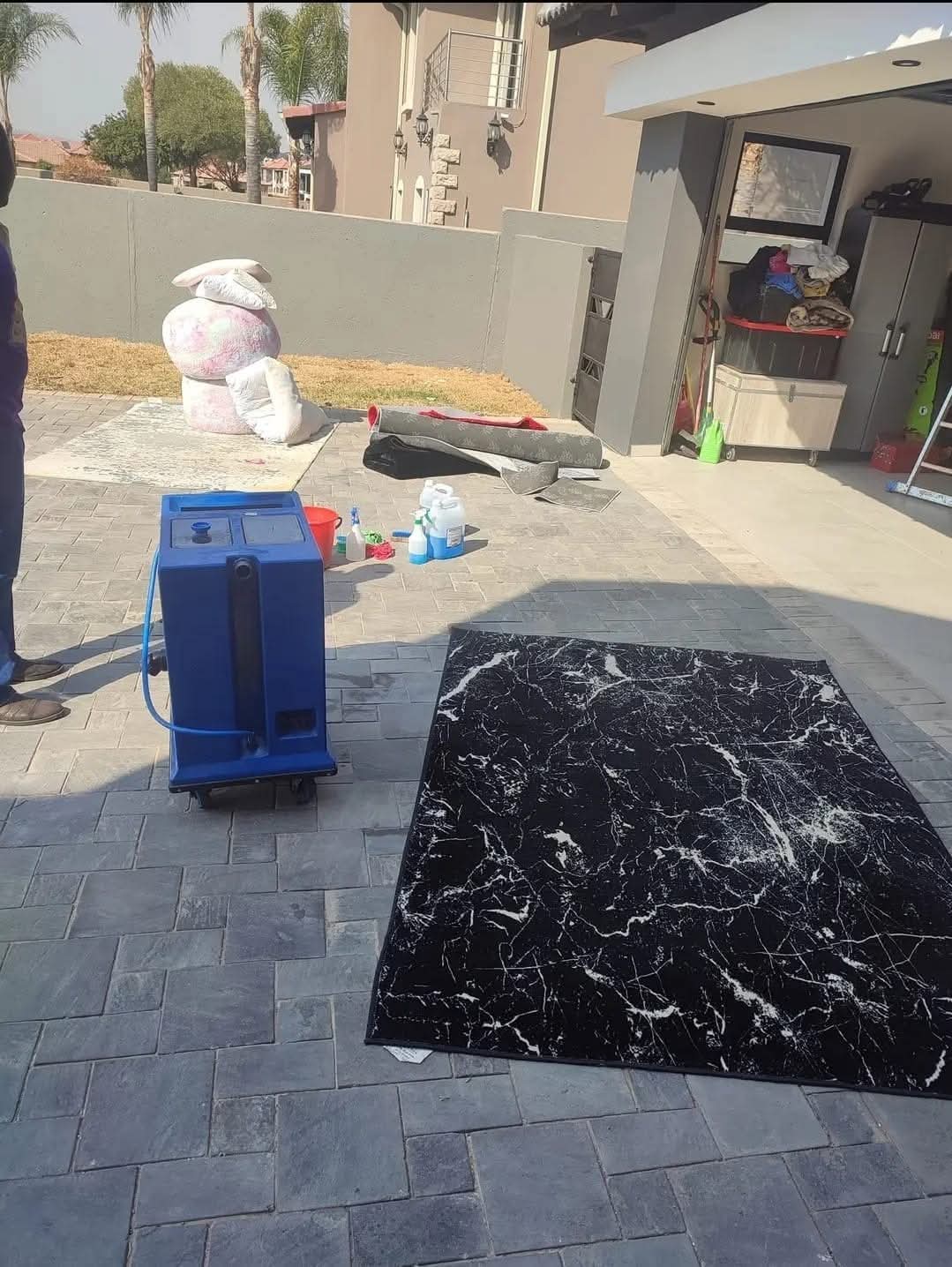 Extraction machine and rug on a driveway